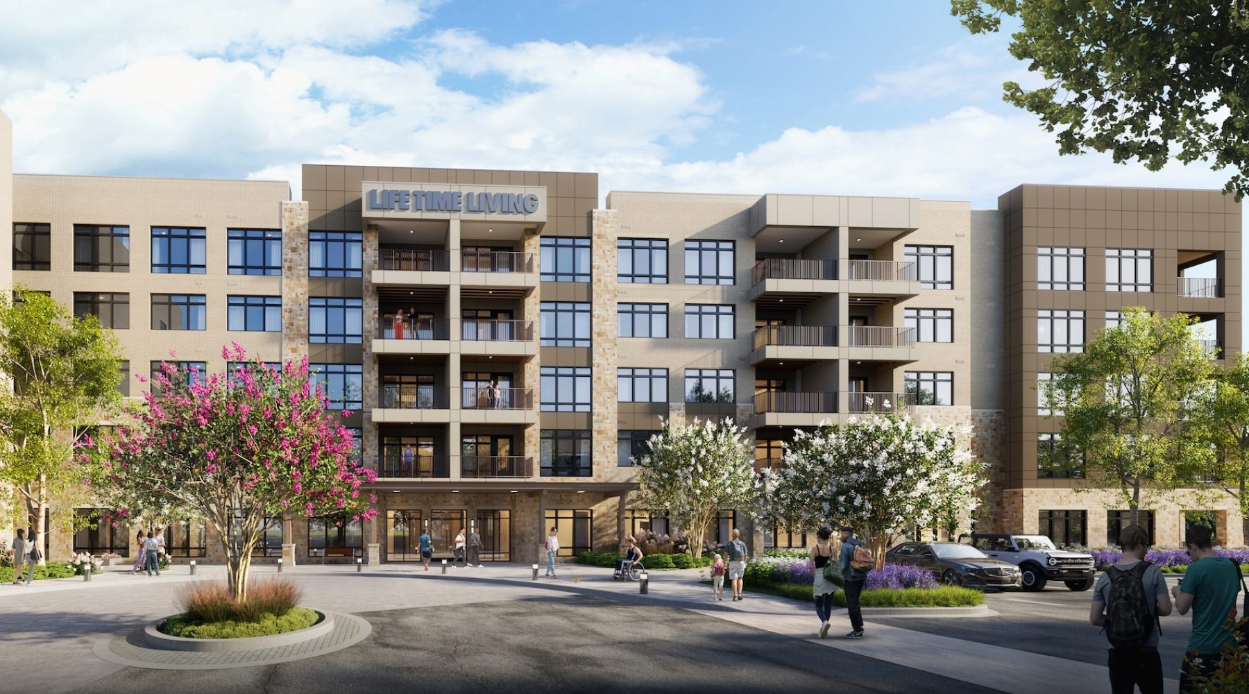 an apartment building with people