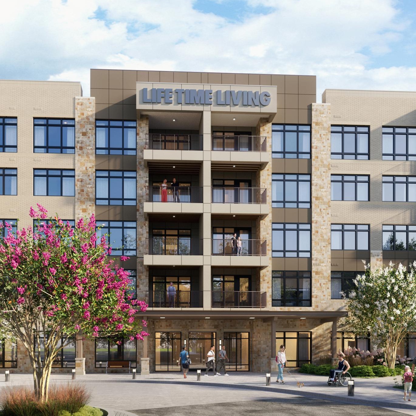 a building with people walking around