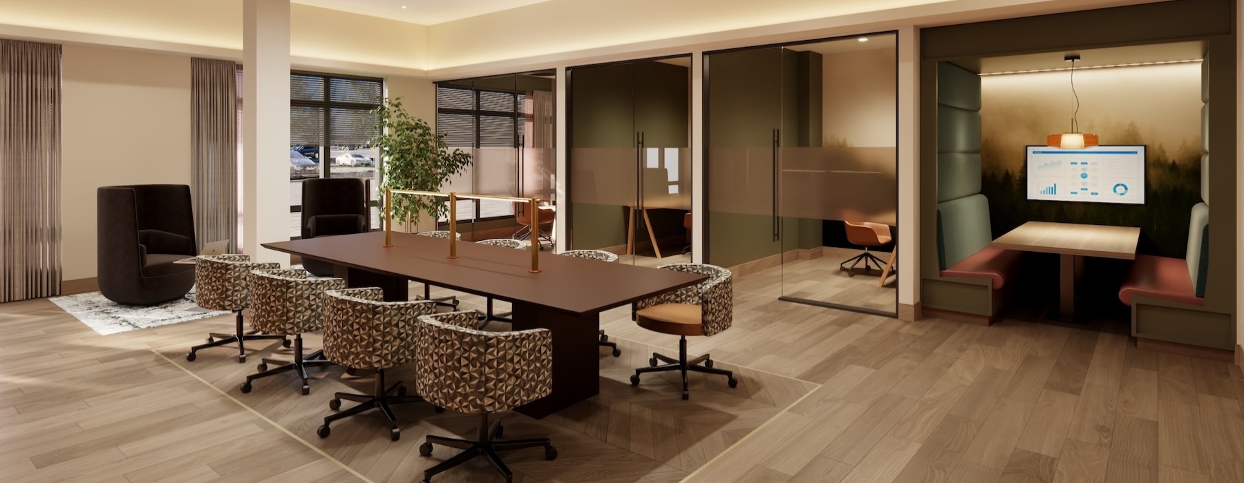 a clubroom with a table and chairs