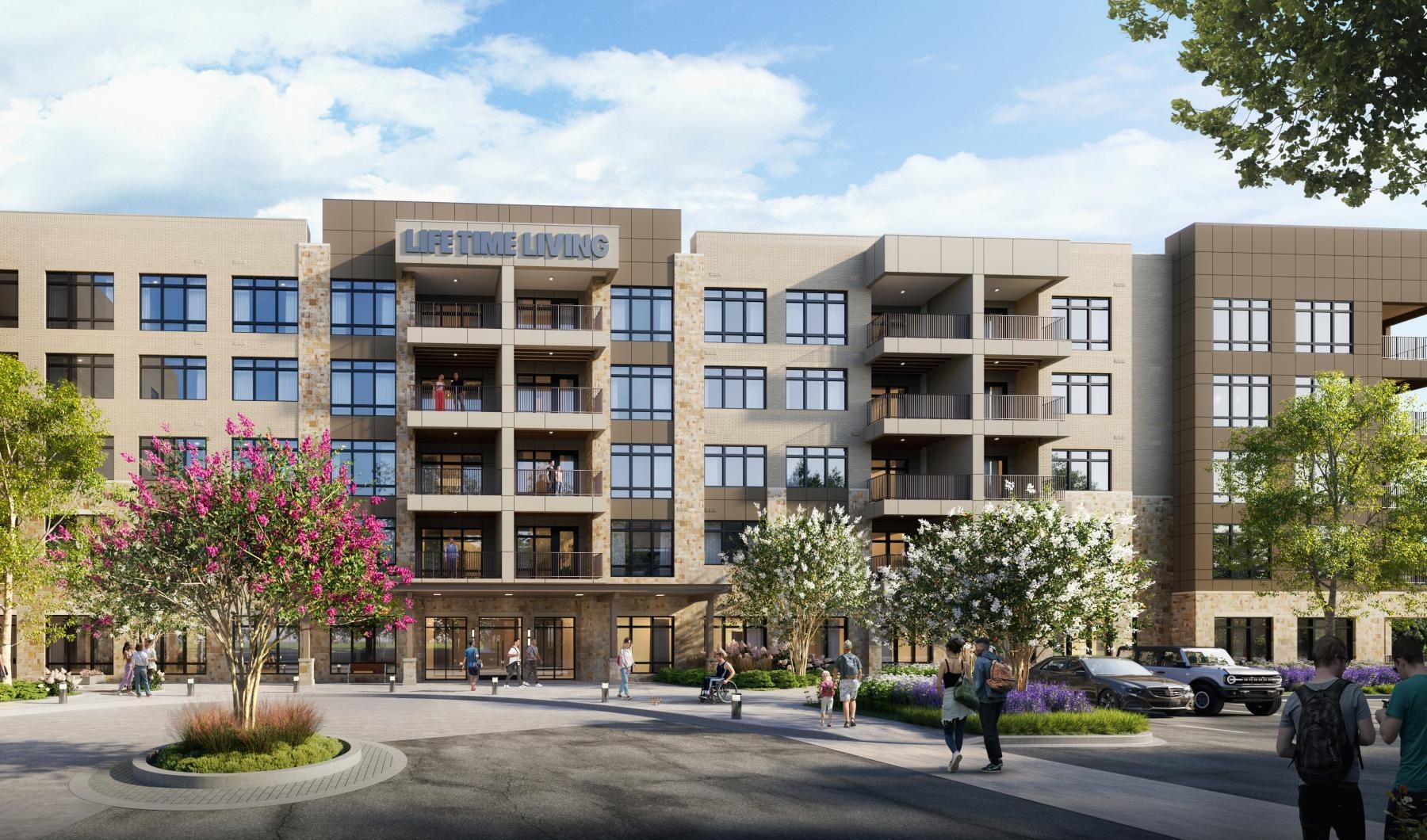 a building with people walking around