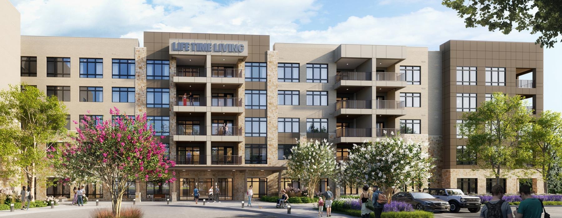 a building with people walking around